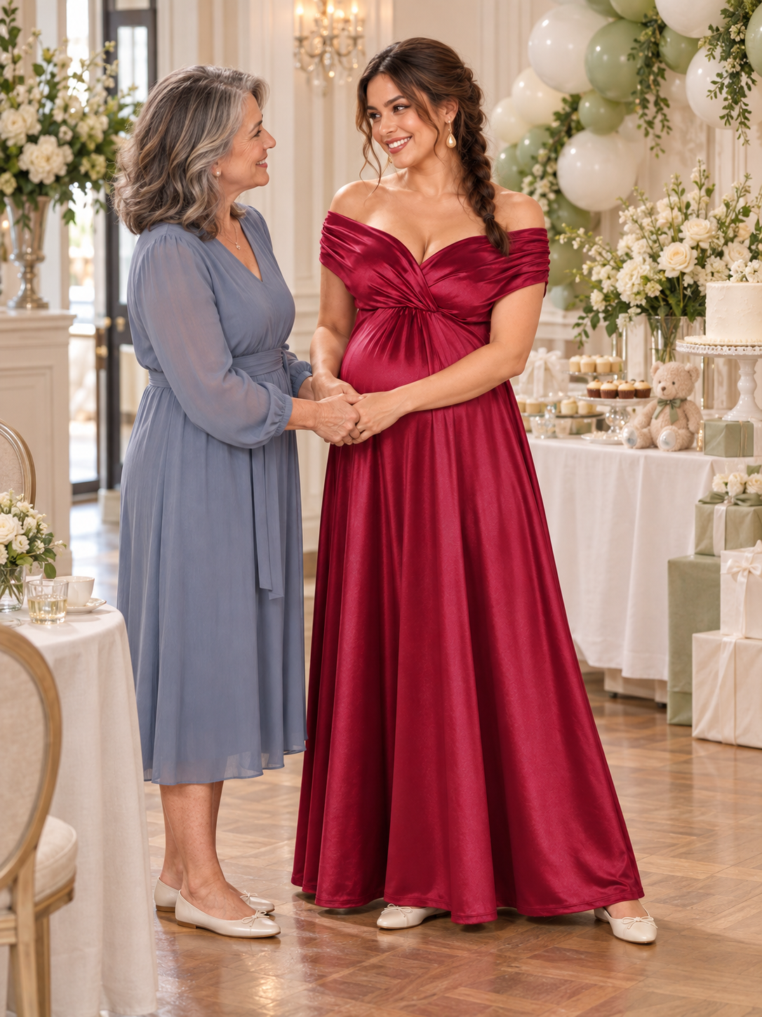Cressida Wine Red maternity dress — holding hands with an older loved one at a baby shower