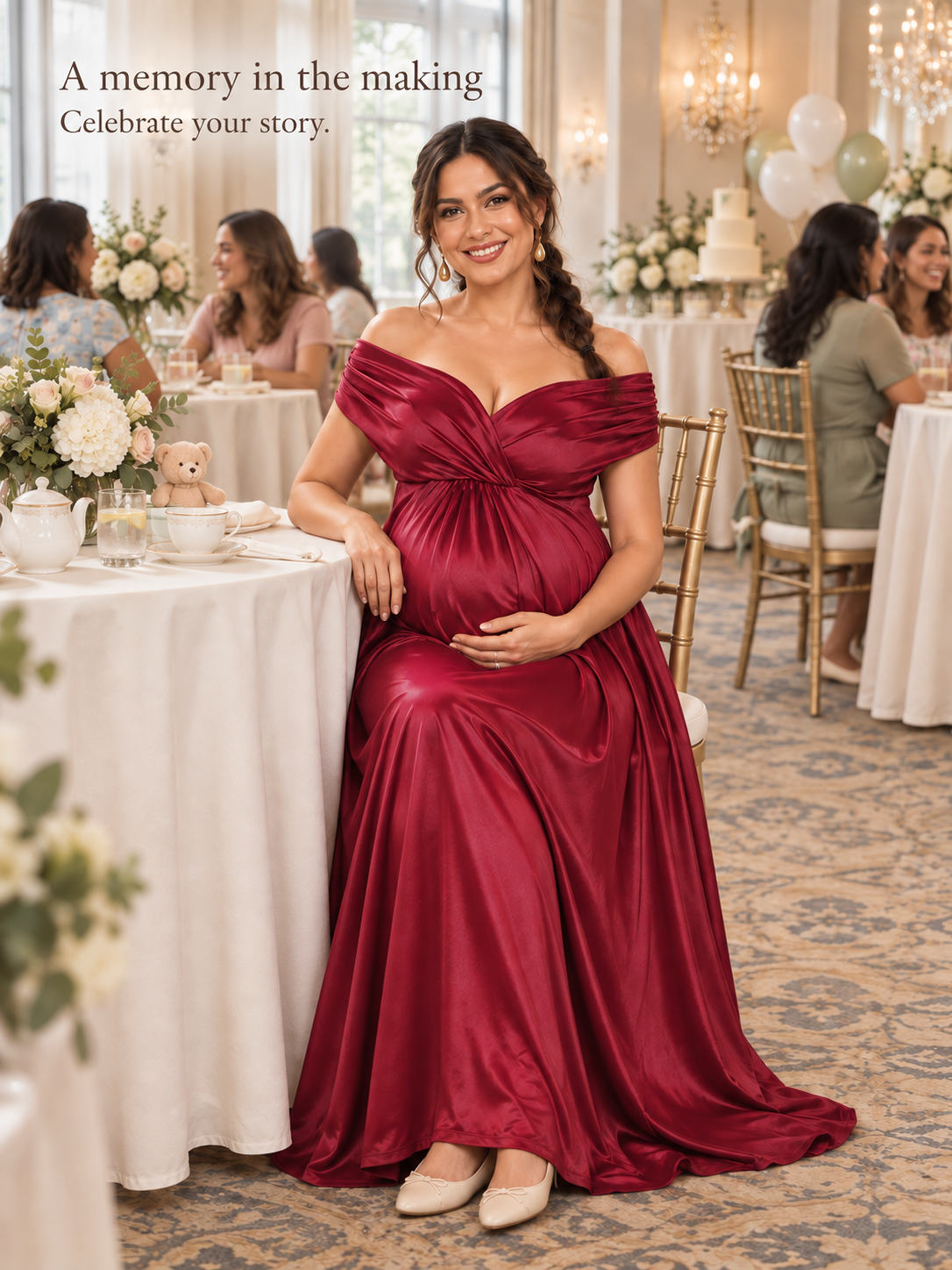 Cressida Wine Red maternity dress — seated beside a tea table at an elegant baby shower