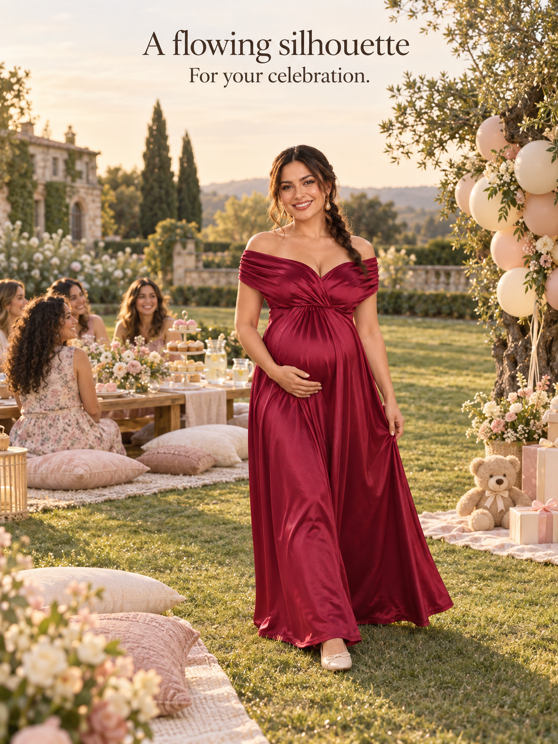 Cressida Wine Red maternity dress — walking across the lawn at a garden picnic baby shower