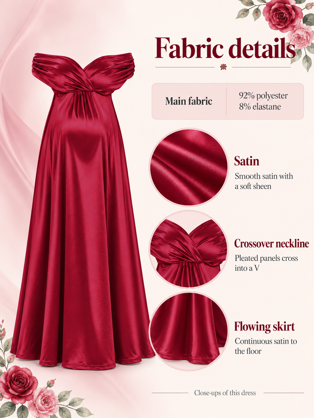Cressida Wine Red maternity dress — material guide showing the satin, crossover neckline and ruched bands