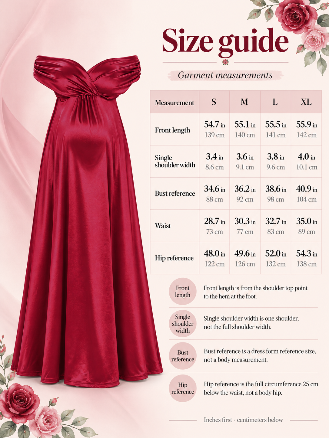 Cressida Wine Red maternity dress — size guide with S to XL garment measurements in inches and centimeters