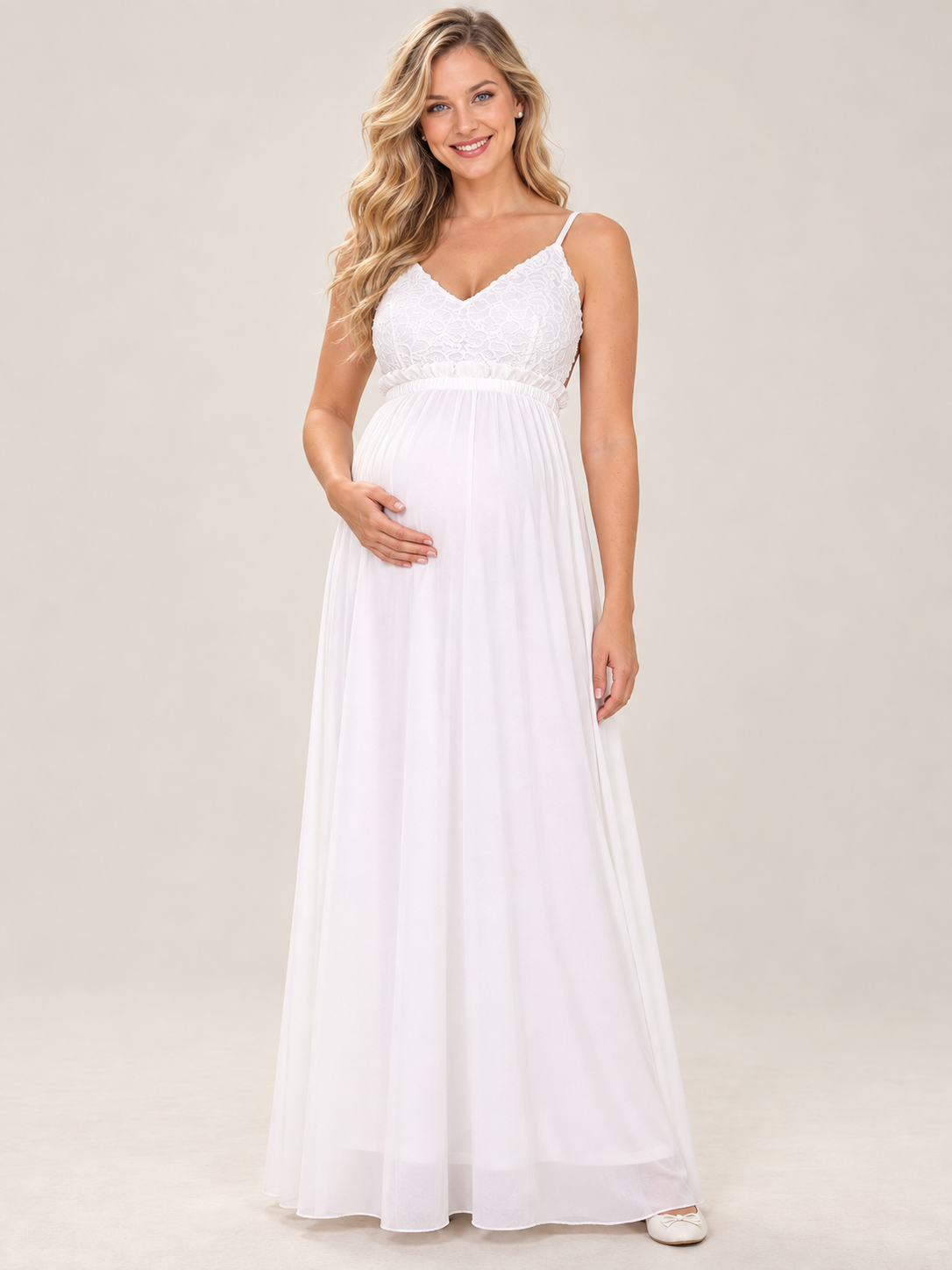 Alessia White maternity dress — front view with lace V-neck bodice and flowing maxi skirt