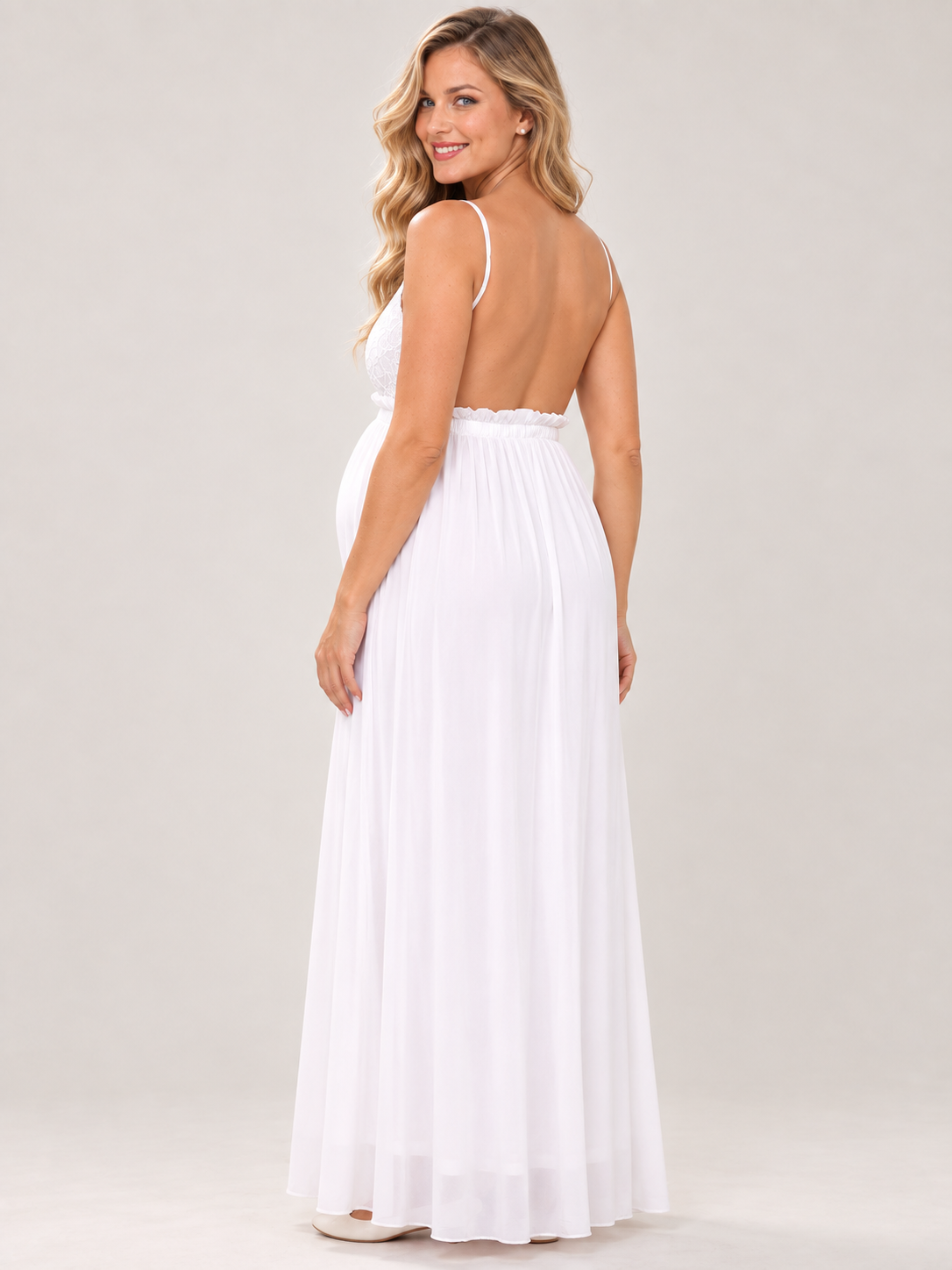 Alessia White maternity dress — back view of the open back and thin straps