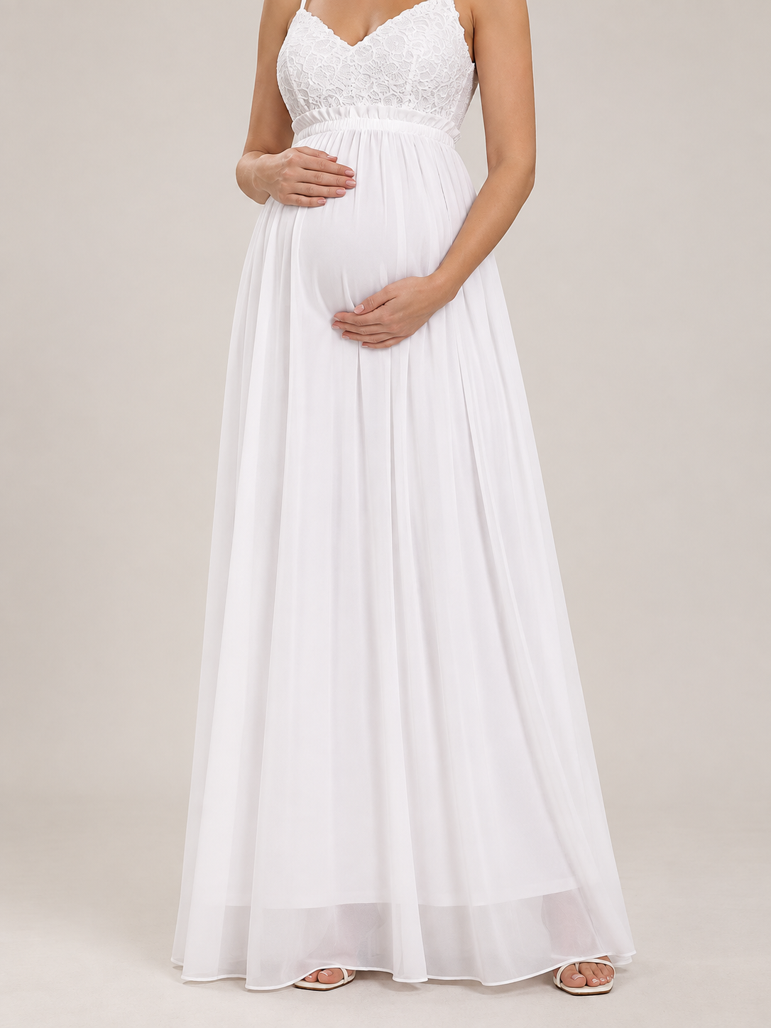 Alessia White maternity dress — flowing skirt and sheer layered hem detail
