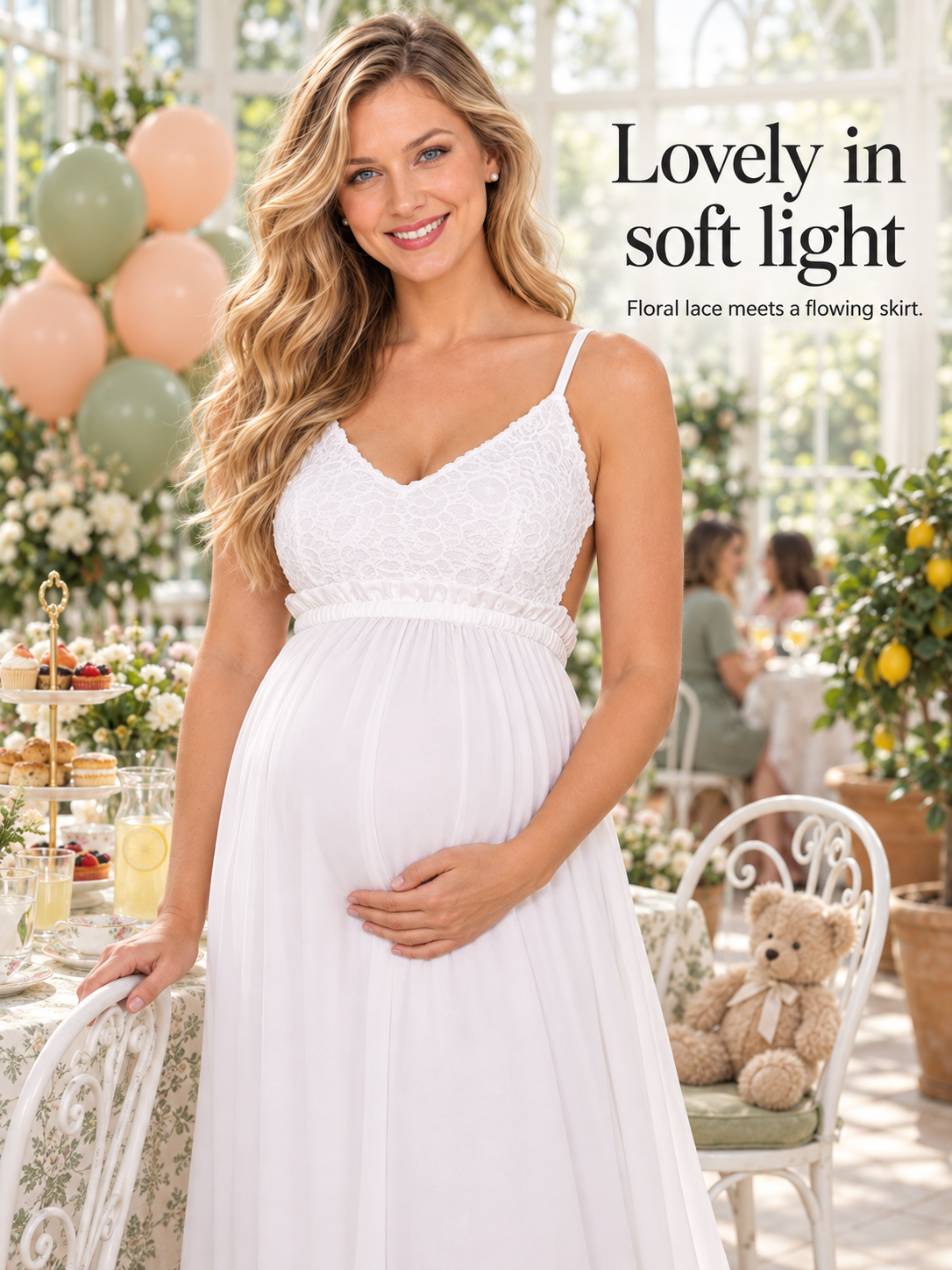 Alessia White maternity dress — floral lace bodice in soft conservatory light