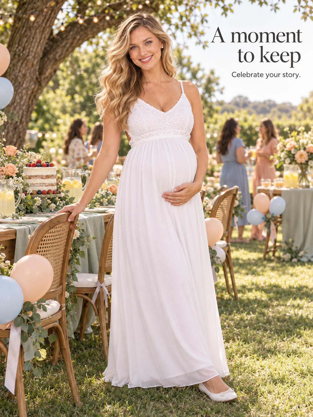 Alessia White maternity dress — garden baby shower on a sunny lawn