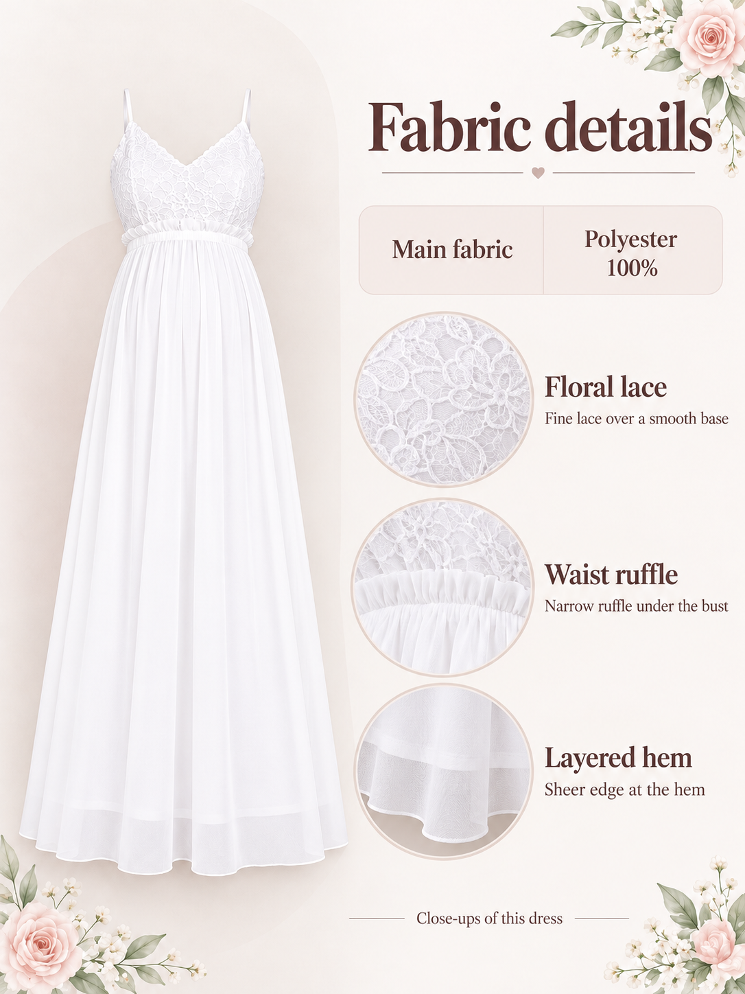 Alessia White maternity dress — material guide showing the floral lace, waist ruffle and sheer layered skirt