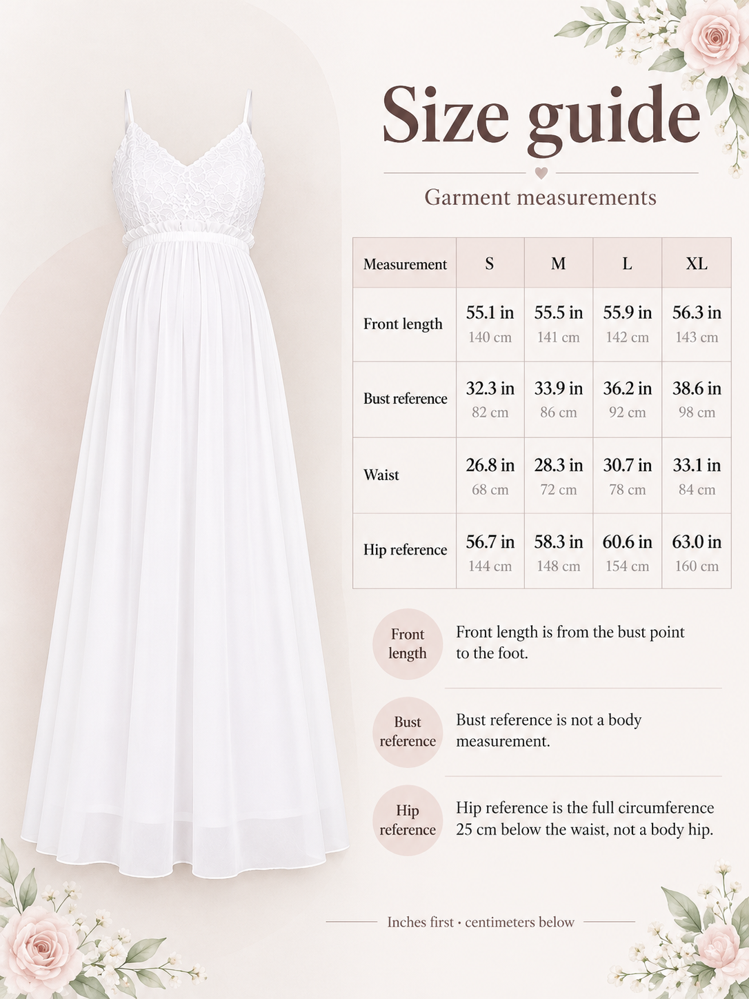Alessia White maternity dress — size guide with S to XL garment measurements in inches and centimeters