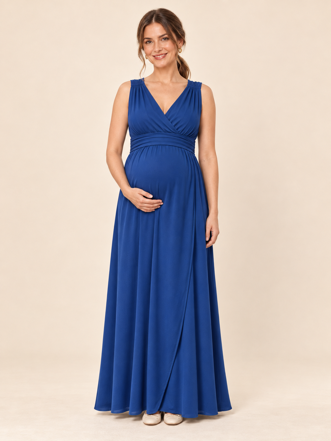 Amara Royal Blue maternity dress — front view with wrap V neckline, wrapped waist and maxi skirt