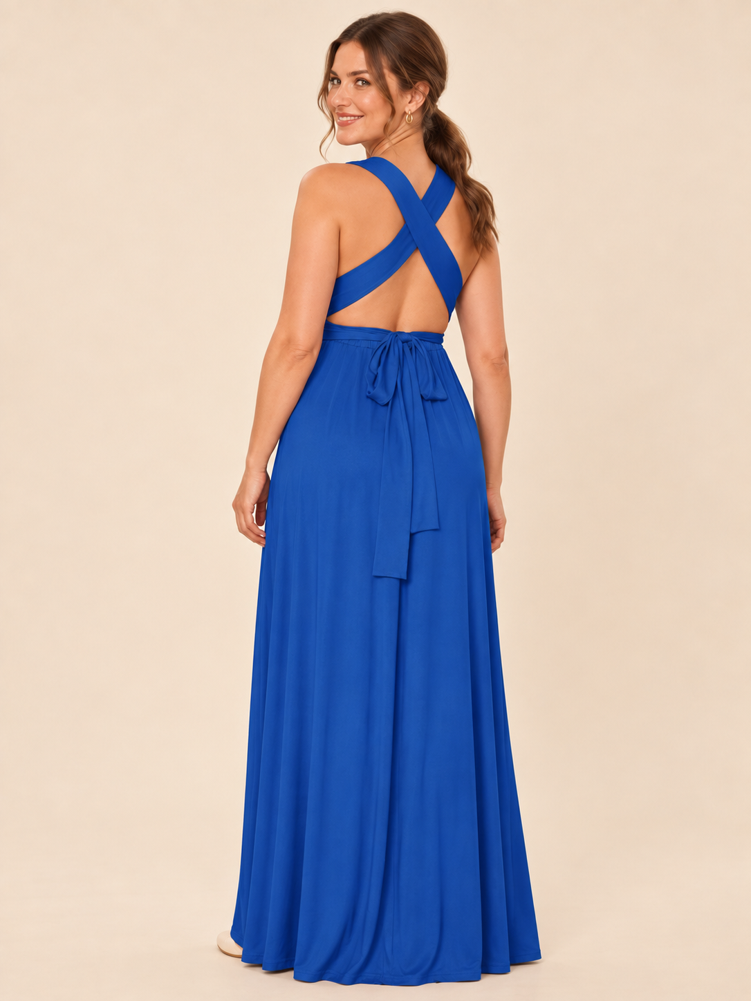 Amara Royal Blue maternity dress — back view of the crisscross straps and waist tie