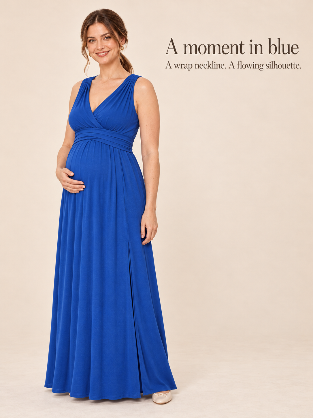 Amara Royal Blue maternity dress — full silhouette with the wrap neckline in a studio