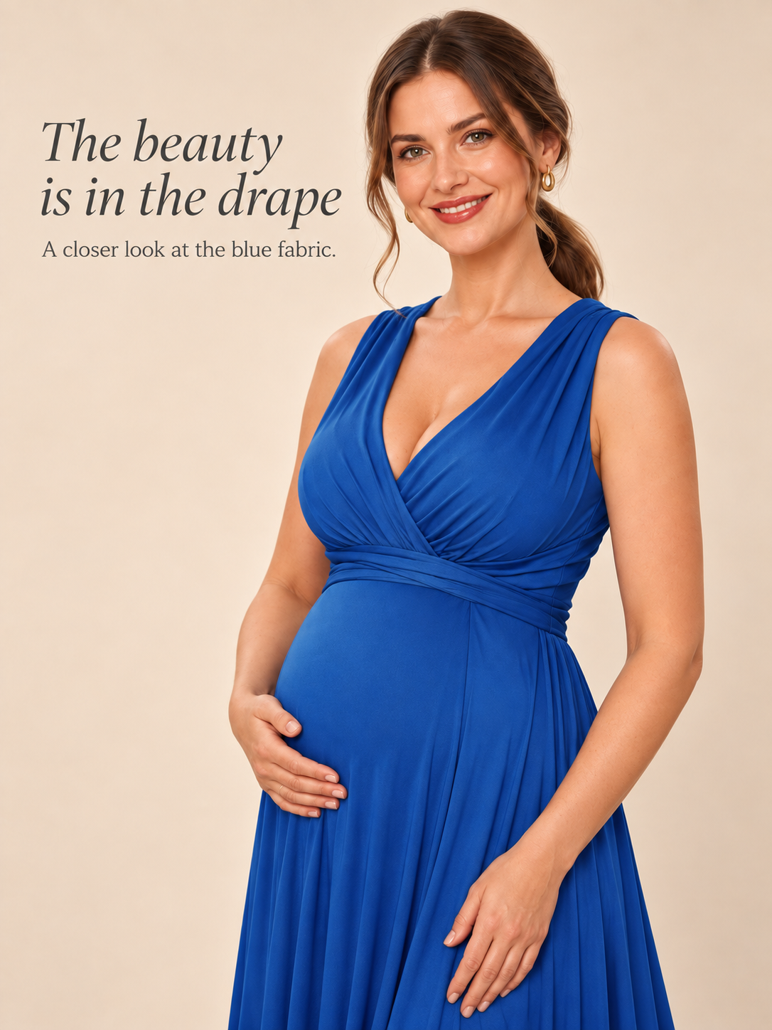 Amara Royal Blue maternity dress — fabric drape at the bodice in soft light