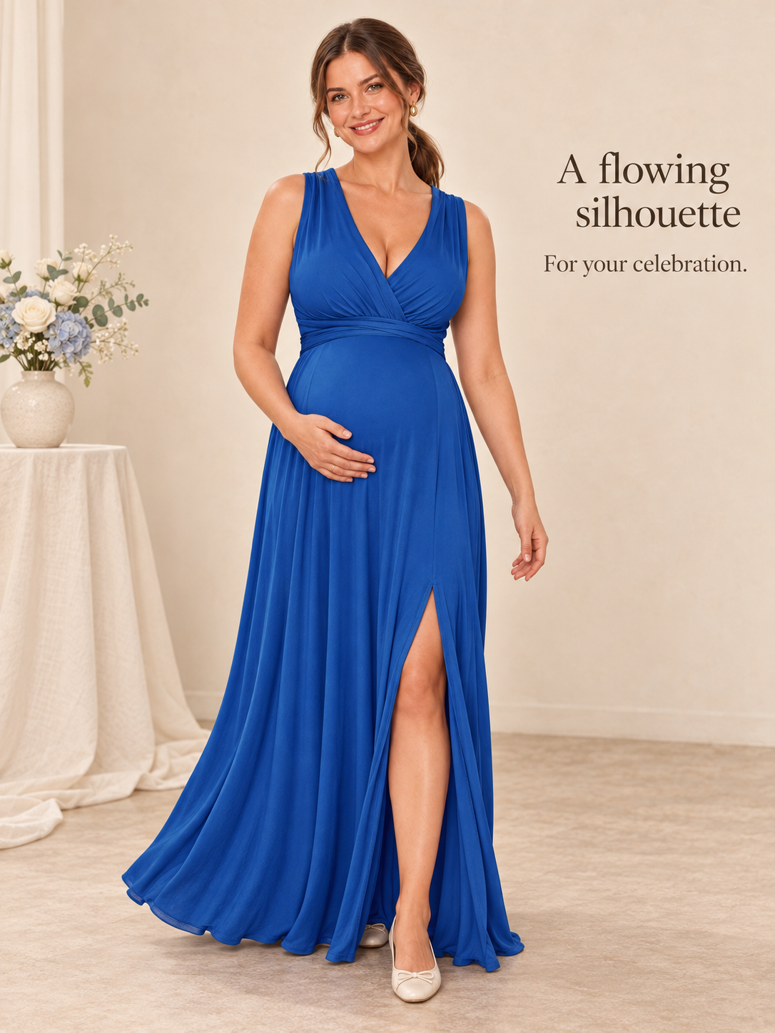 Amara Royal Blue maternity dress — walking with the skirt in motion