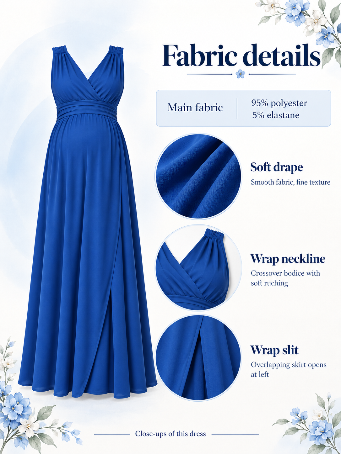 Amara Royal Blue maternity dress — material guide showing the soft drape, wrap neckline and front slit