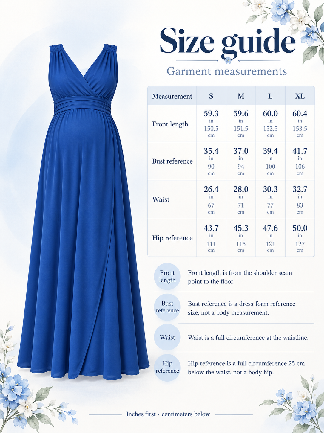 Amara Royal Blue maternity dress — size guide with S to XL garment measurements in inches and centimeters