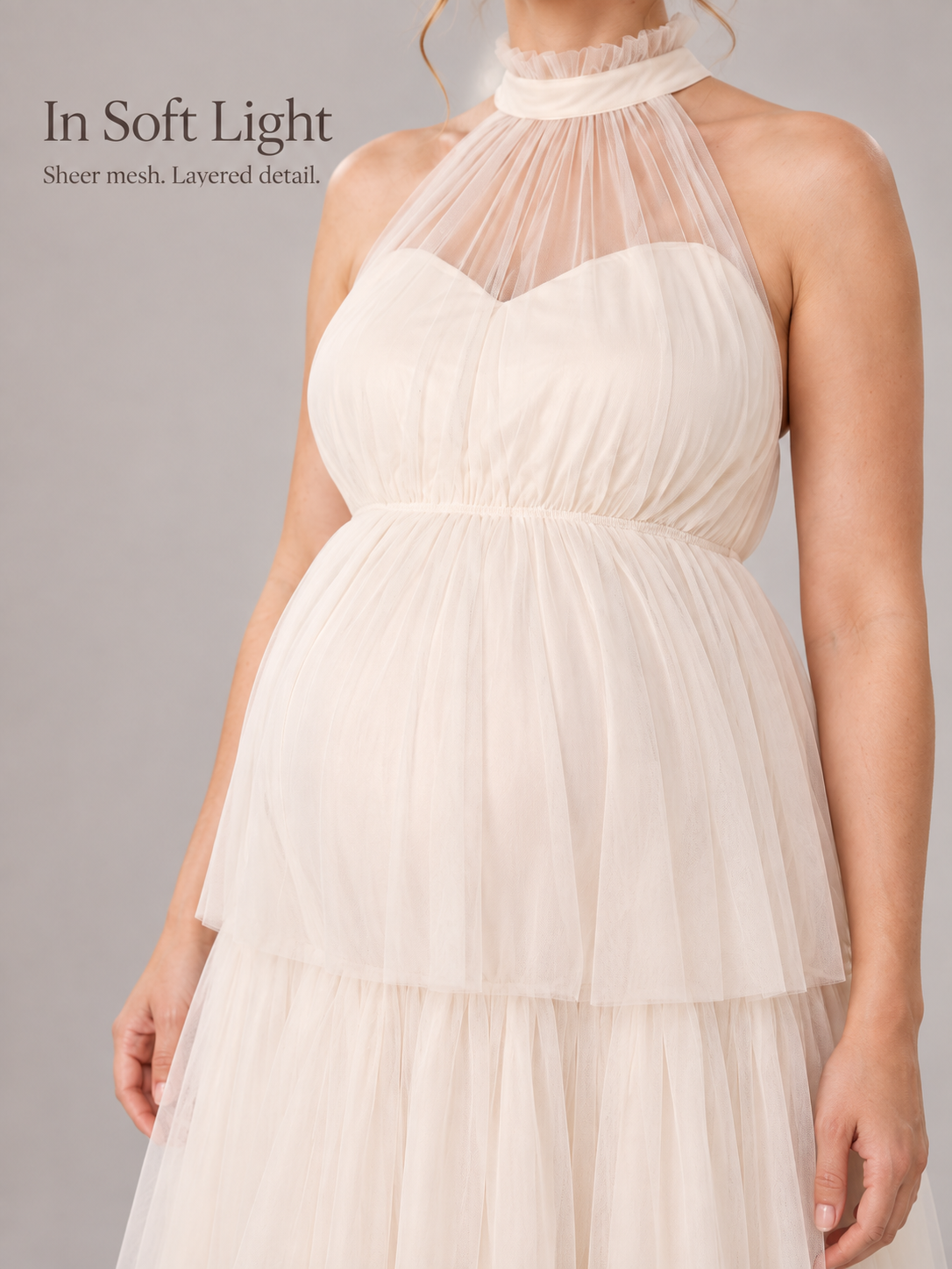 Isaline Apricot maternity dress — fabric detail in soft light