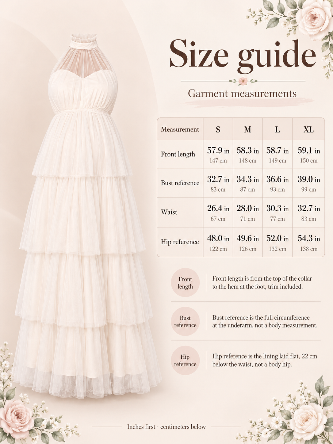 Size guide for the Isaline Apricot maternity dress, S to XL garment measurements in inches and centimeters