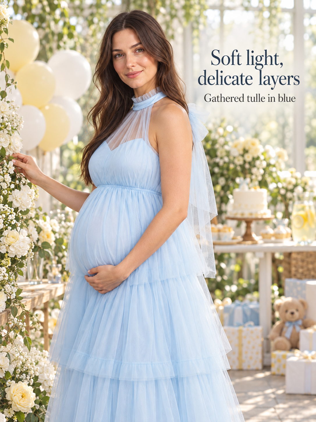 Isaline Blue maternity dress — fabric detail in soft light
