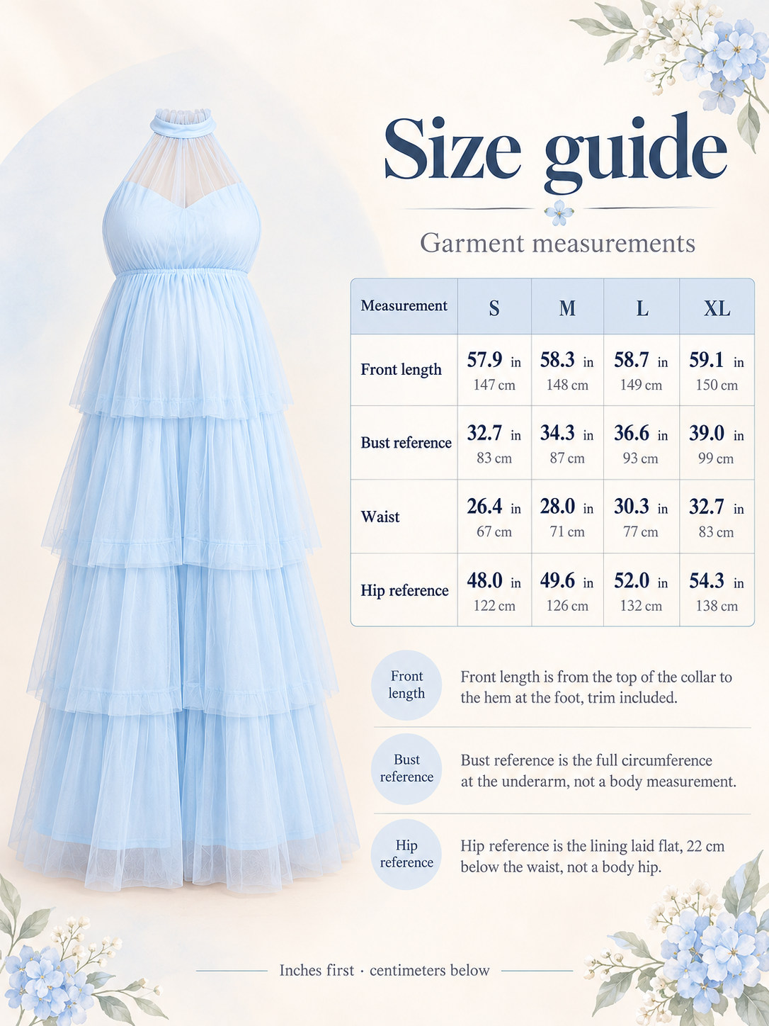 Size guide for the Isaline Blue maternity dress, S to XL garment measurements in inches and centimeters