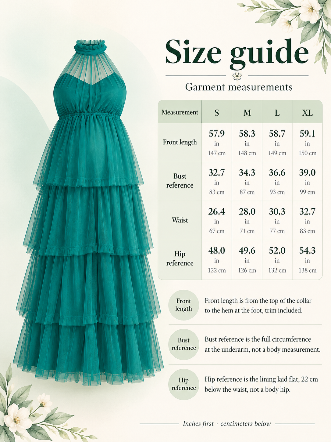 Size guide for the Isaline Dark Green maternity dress, S to XL garment measurements in inches and centimeters