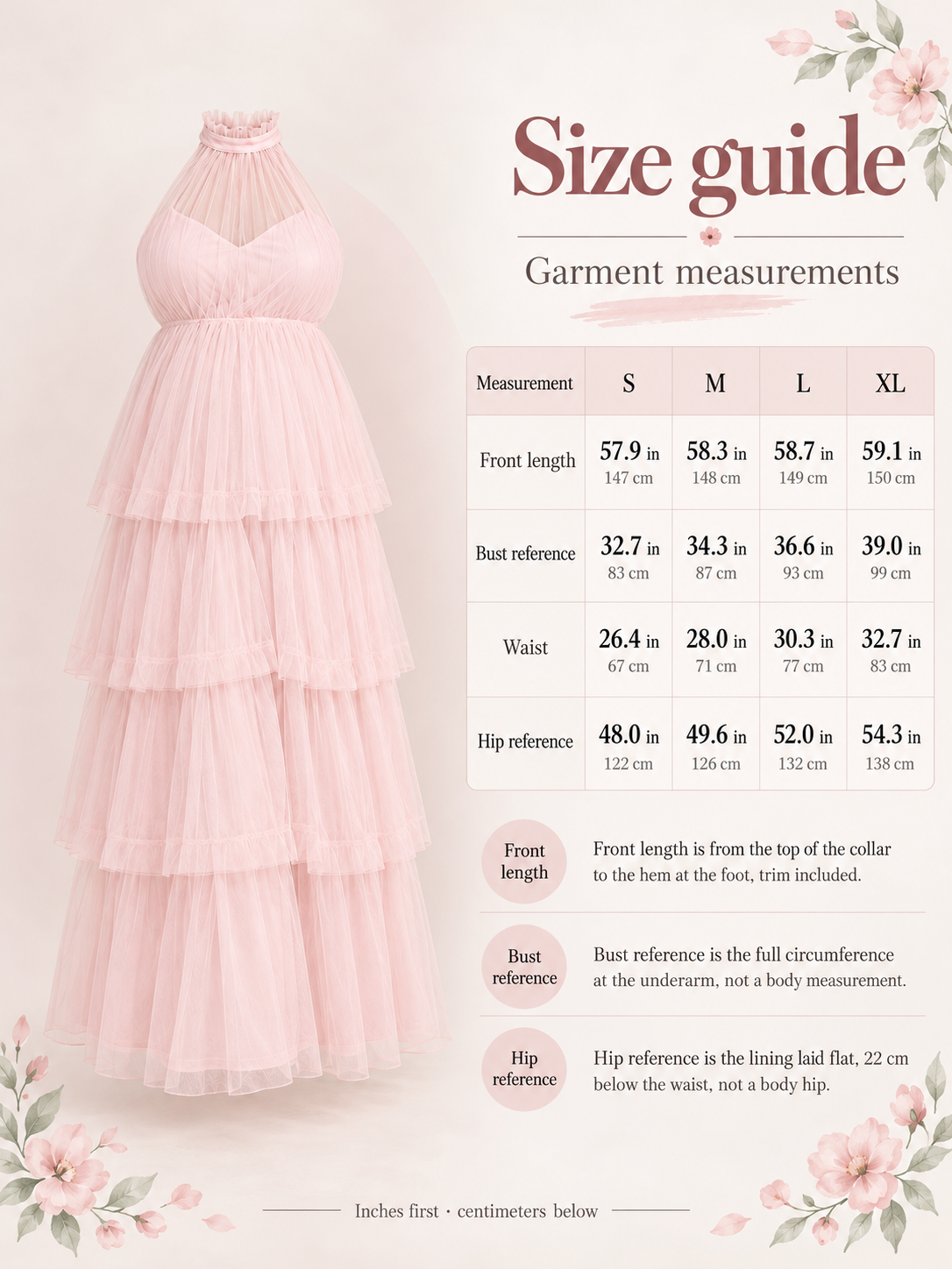 Size guide for the Isaline Pink maternity dress, S to XL garment measurements in inches and centimeters
