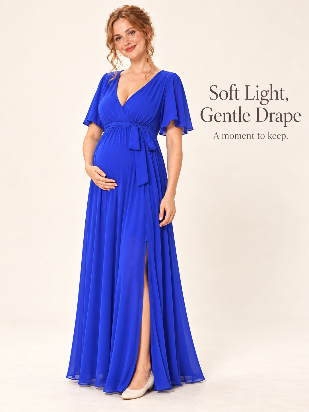 Marielle Blue maternity dress — fabric detail in soft light