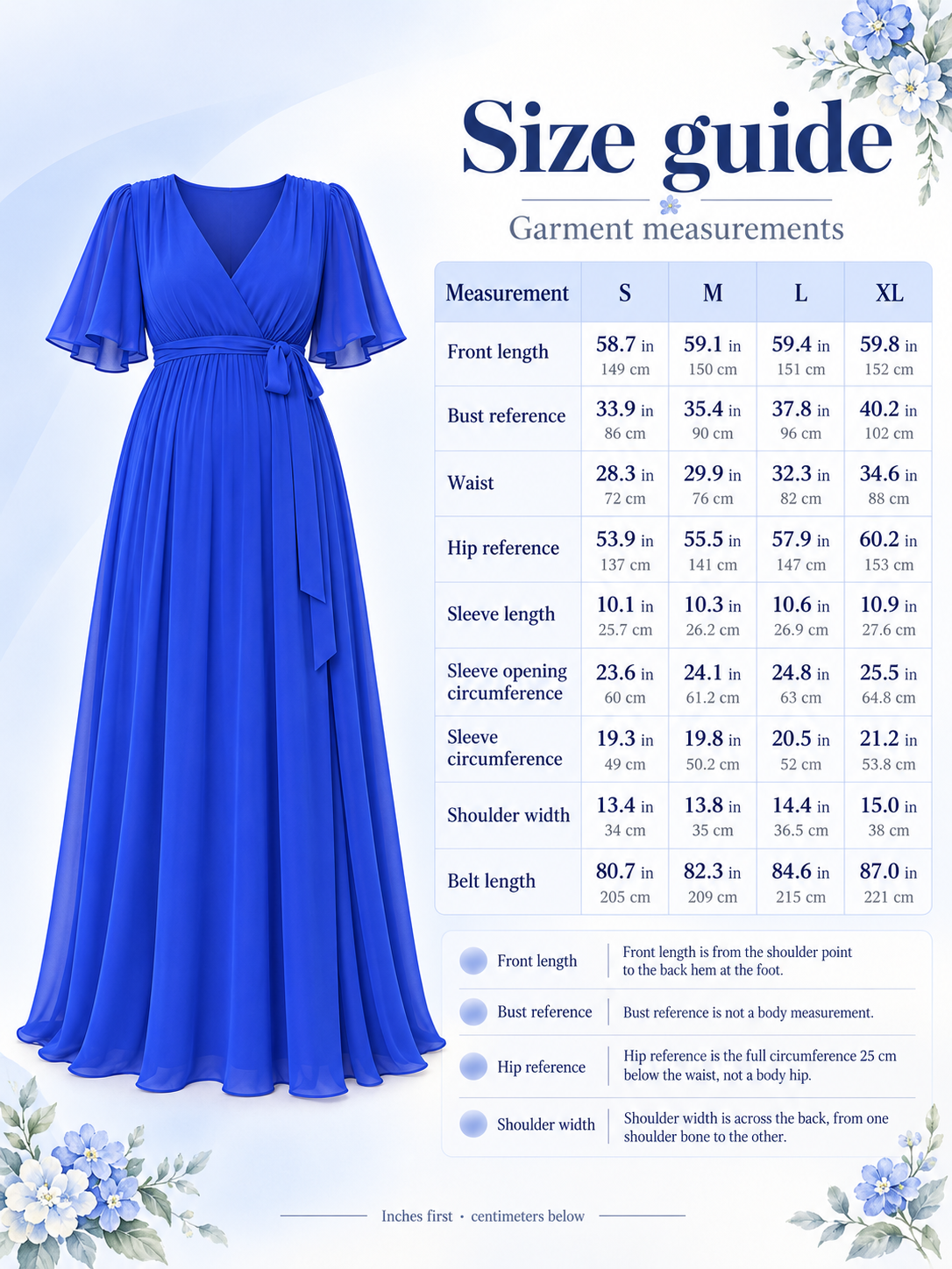 Size guide for the Marielle Blue maternity dress, S to XL garment measurements in inches and centimeters