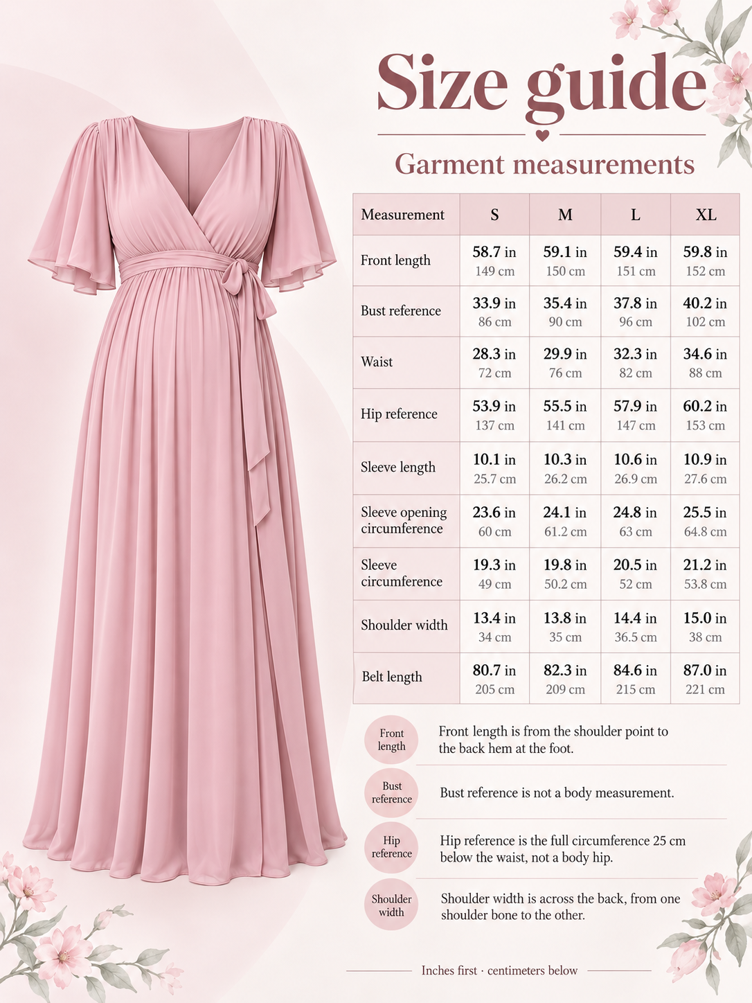 Size guide for the Marielle Pink maternity dress, S to XL garment measurements in inches and centimeters