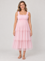 Clara Light Pink maternity dress — front view with ruffled straps, smocked bodice and tiered tulle skirt