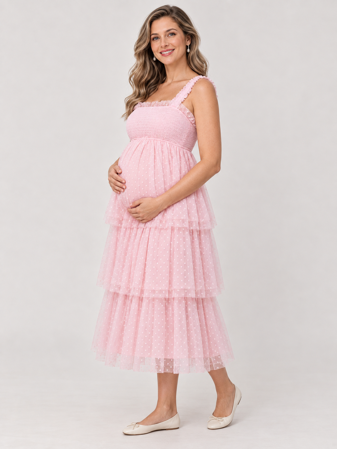 Clara Light Pink maternity dress — side view of the high waist and maternity silhouette