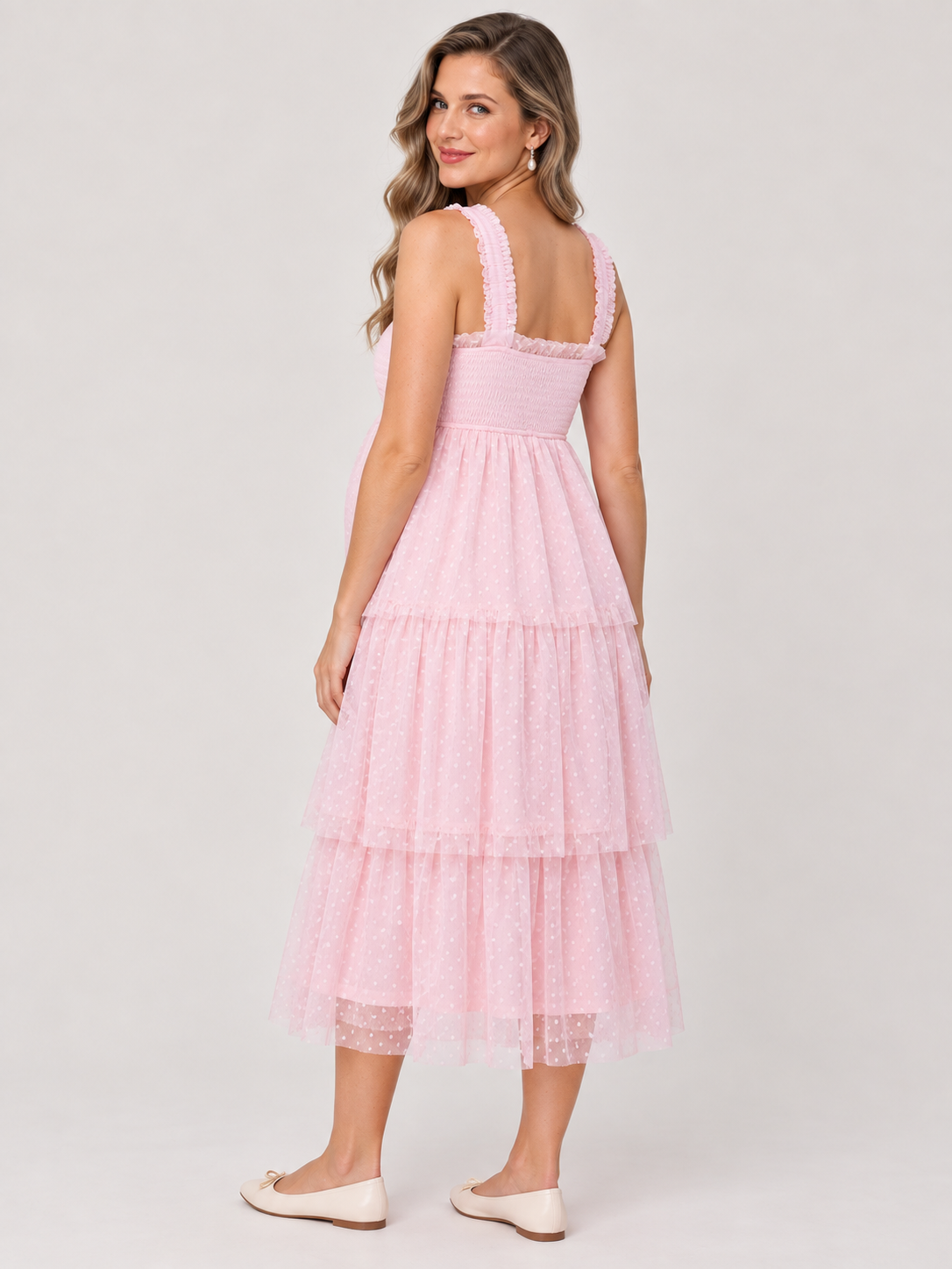 Clara Light Pink maternity dress — back view of the low back and smocked bodice