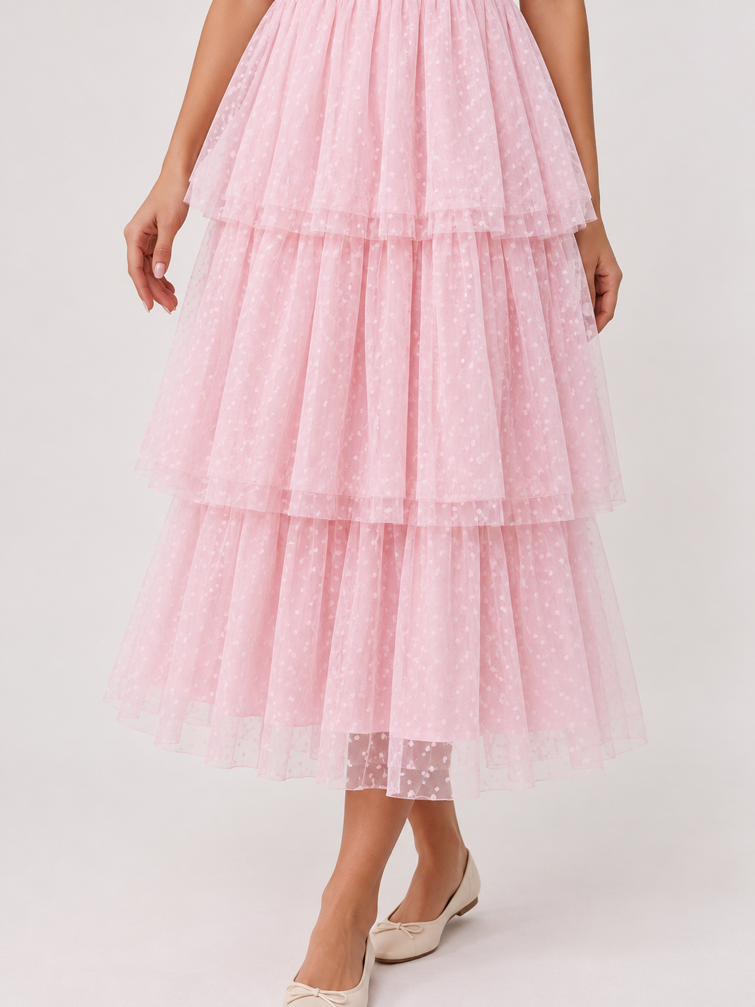 Clara Light Pink maternity dress — three dotted tulle tiers and hem detail