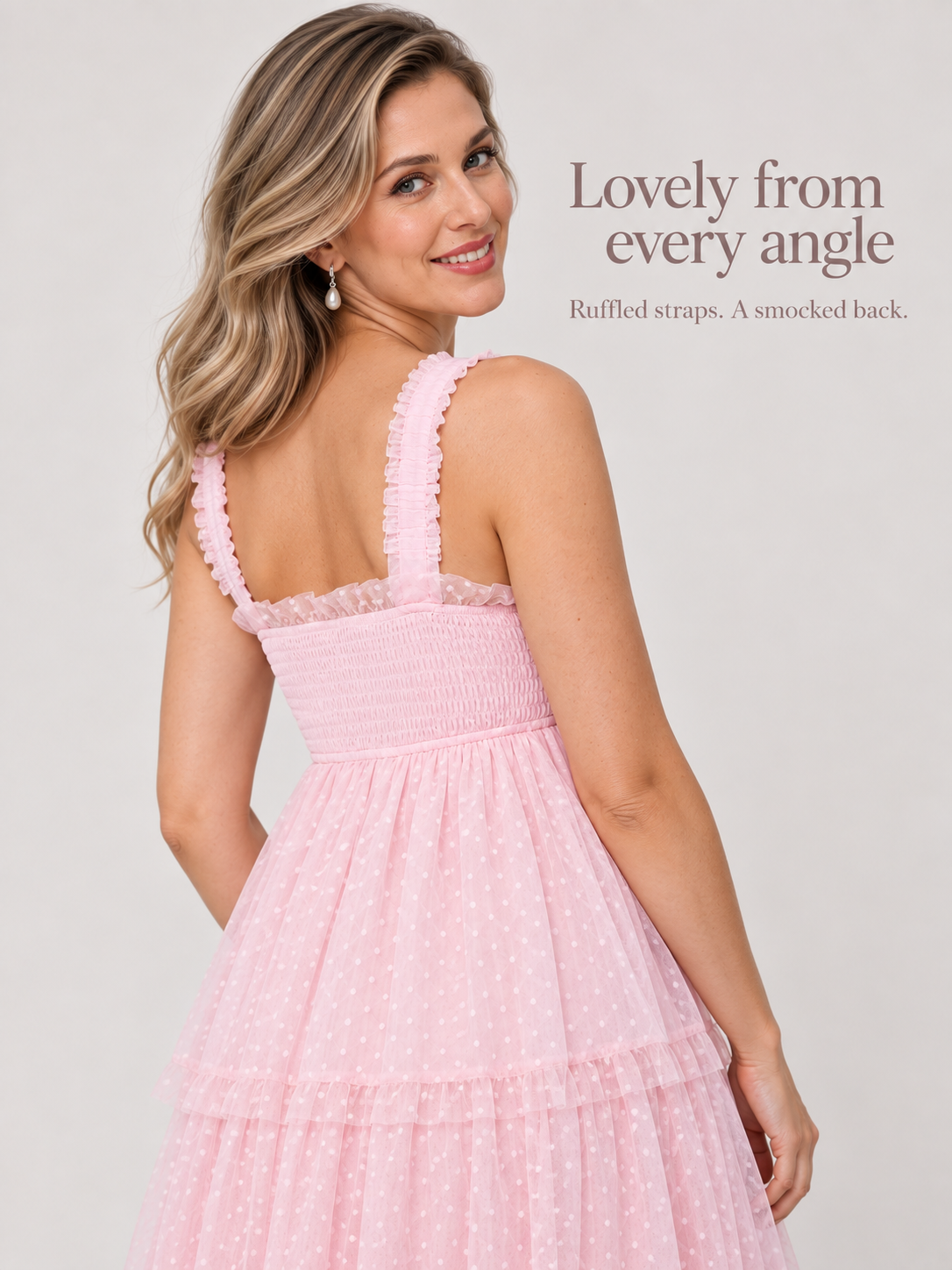 Clara Light Pink maternity dress — back view of the ruffled straps and smocked back