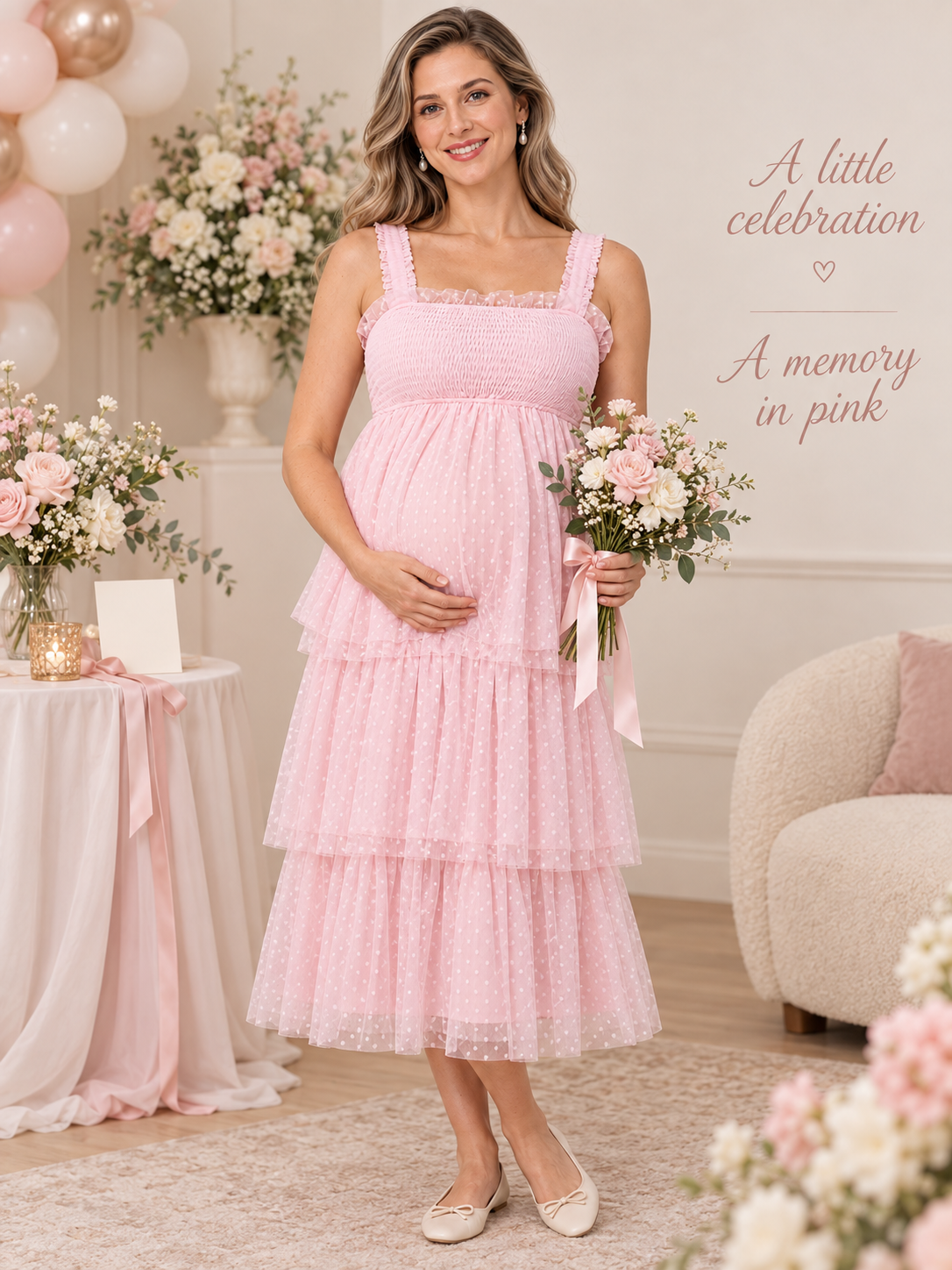Clara Light Pink maternity dress — holding a bouquet at a baby shower