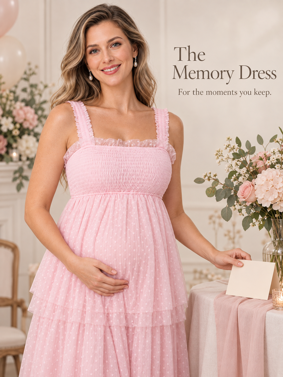 Clara Light Pink maternity dress — smiling beside a table with a keepsake card