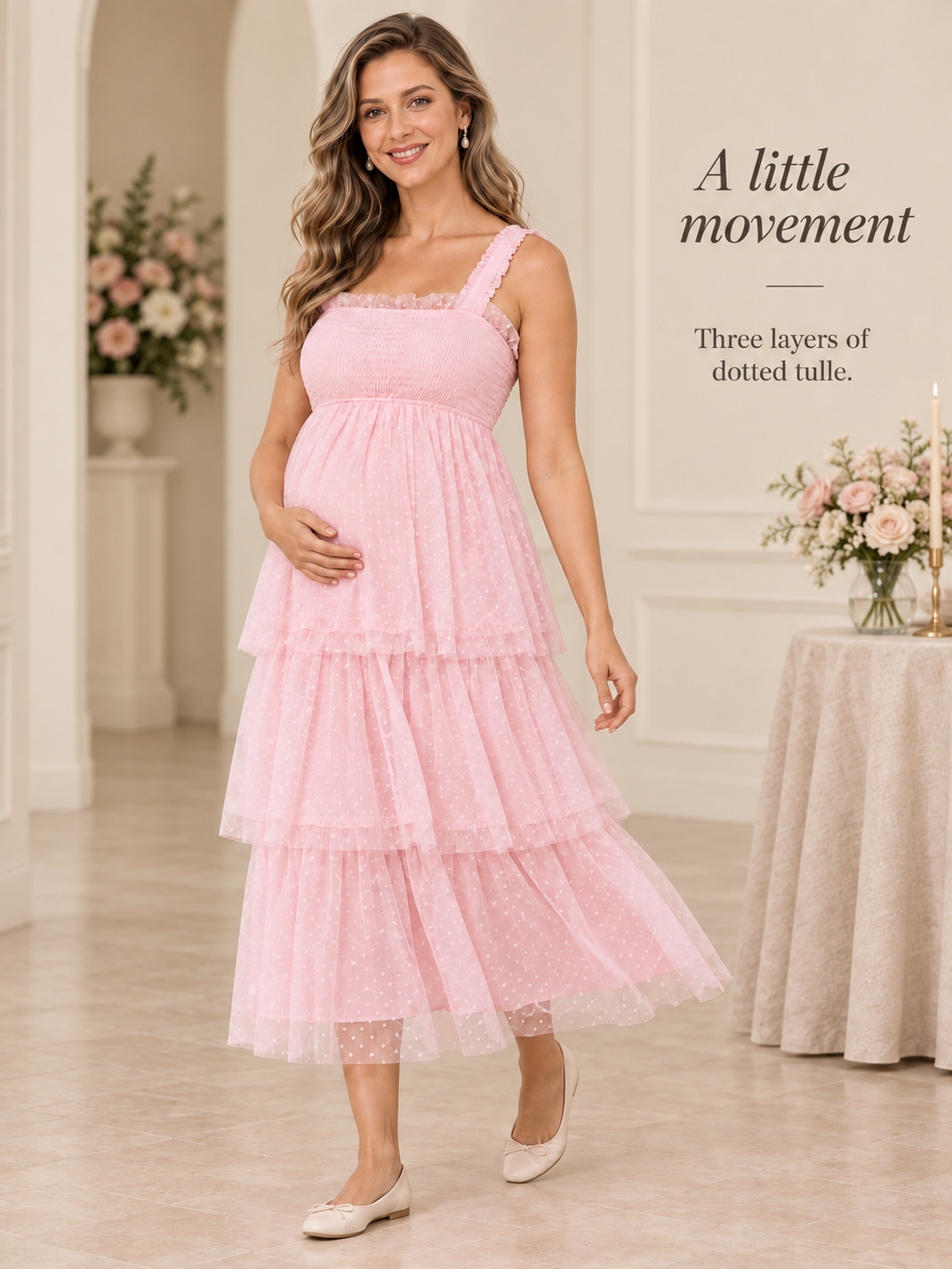 Clara Light Pink maternity dress — walking pose showing the movement of the tiers