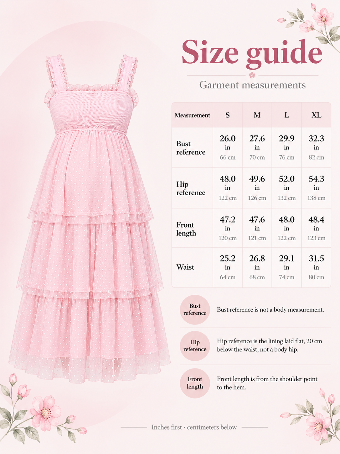 Clara Light Pink maternity dress — size guide with S to XL garment measurements in inches and centimeters