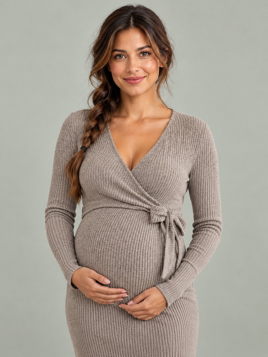 Willa Taupe maternity dress — close-up of the wrap V-neckline
