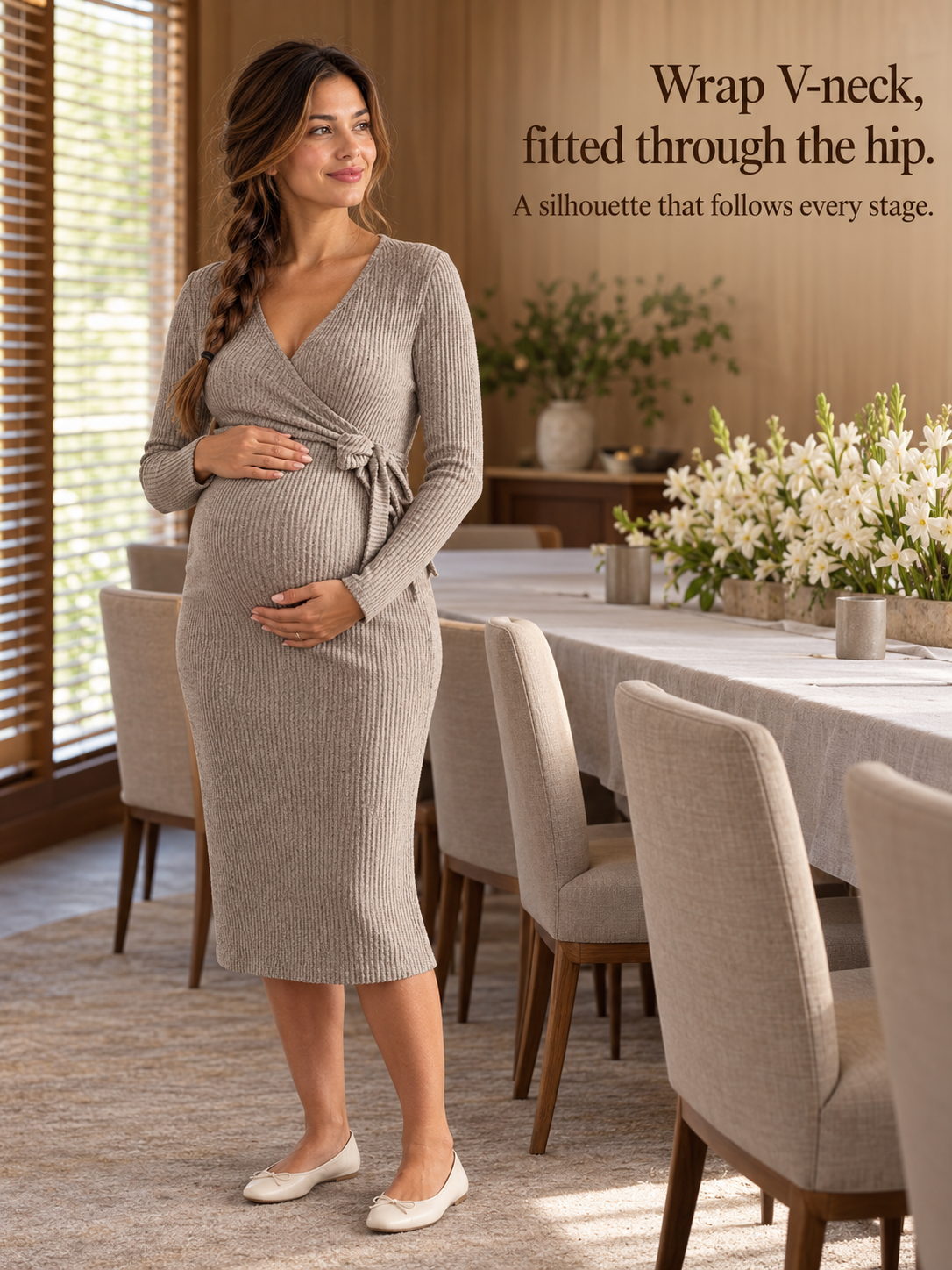 Willa Taupe maternity dress — standing at a table set for a celebration