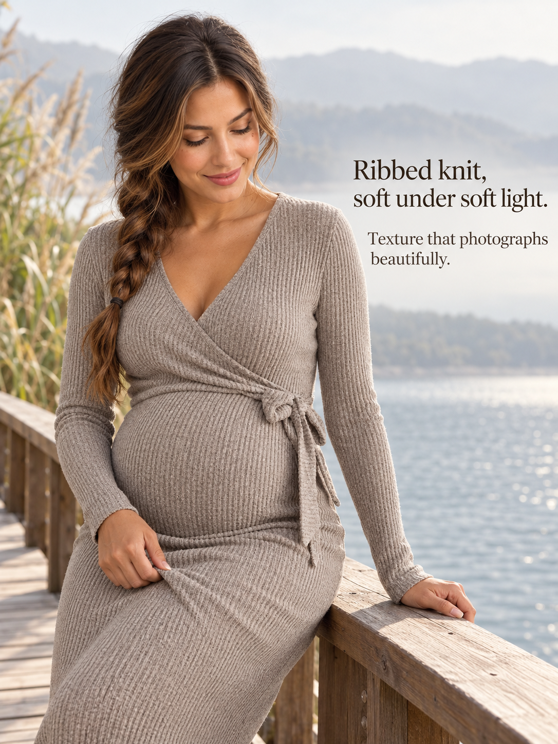 Willa Taupe maternity dress — leaning on a deck railing overlooking water