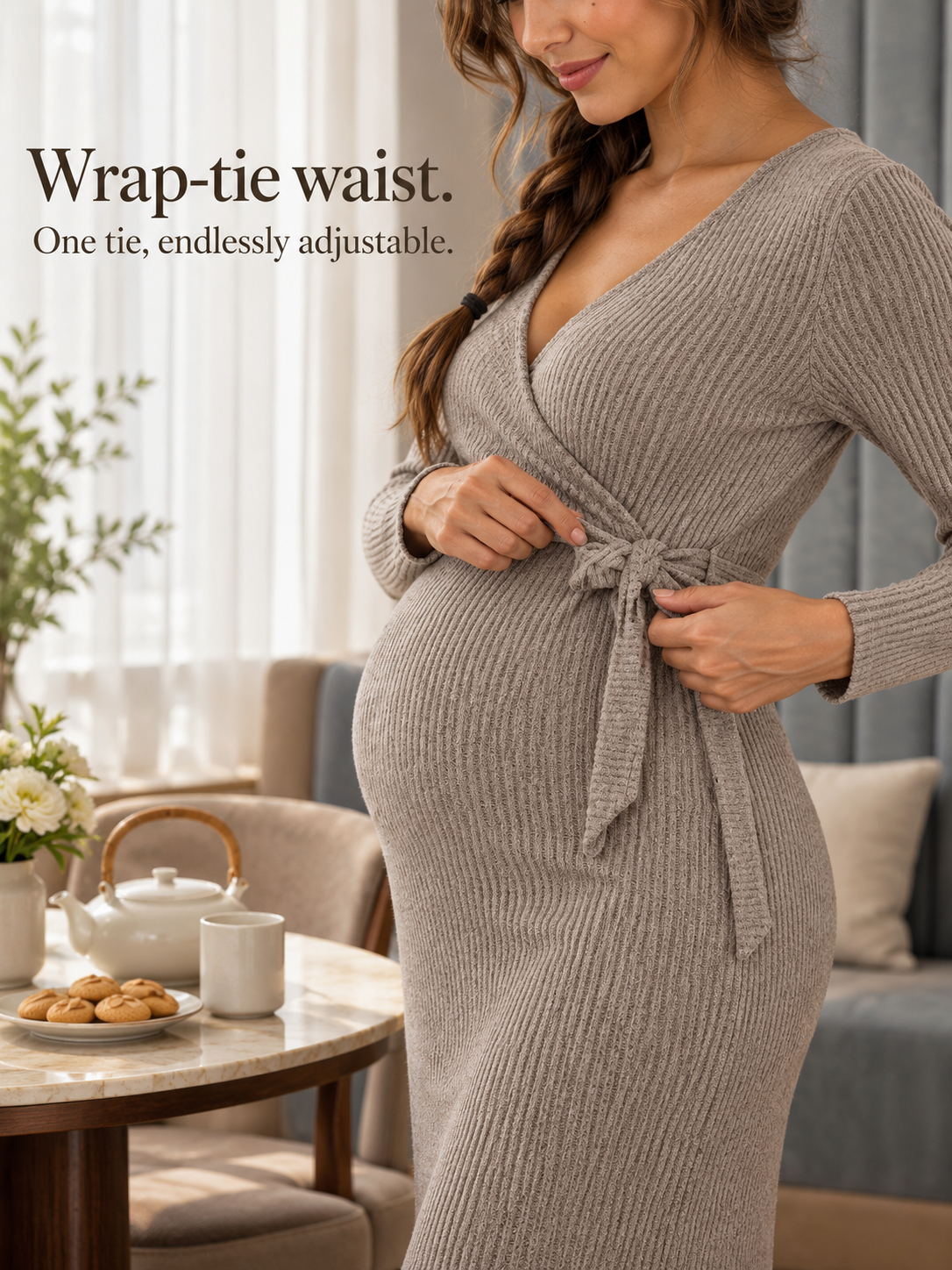 Willa Taupe maternity dress — close-up hands resting on the wrap-tie waist