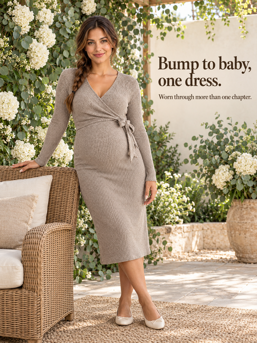 Willa Taupe maternity dress — standing in a rose garden at a celebration