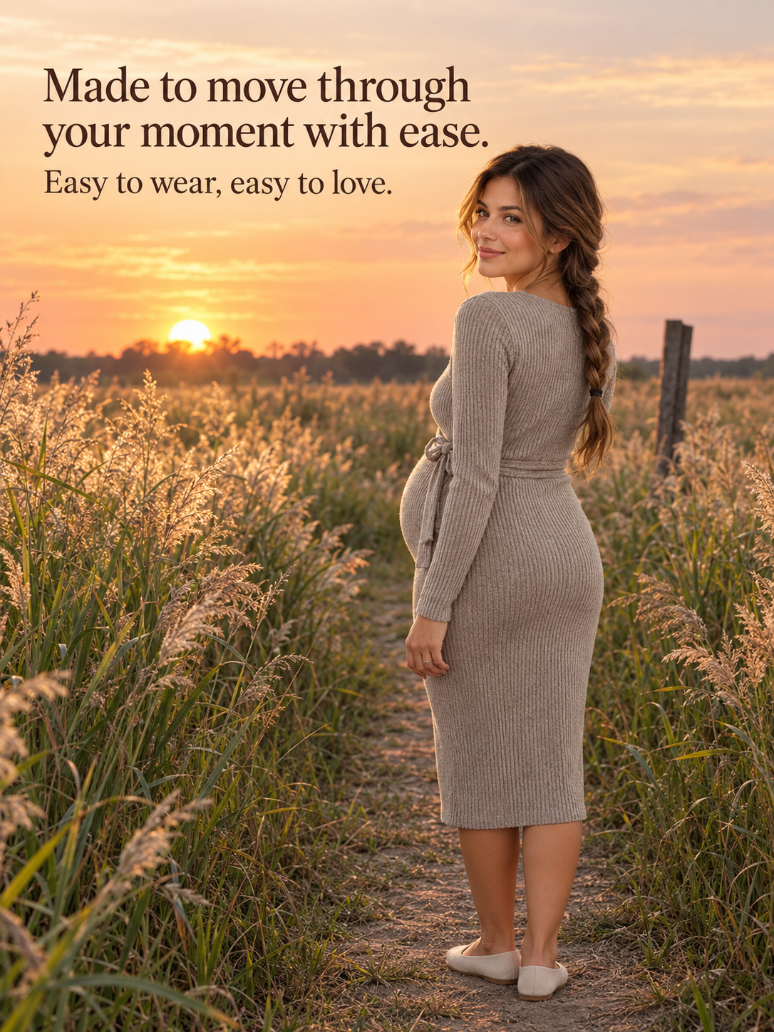 Willa Taupe maternity dress — standing in a golden field at sunset