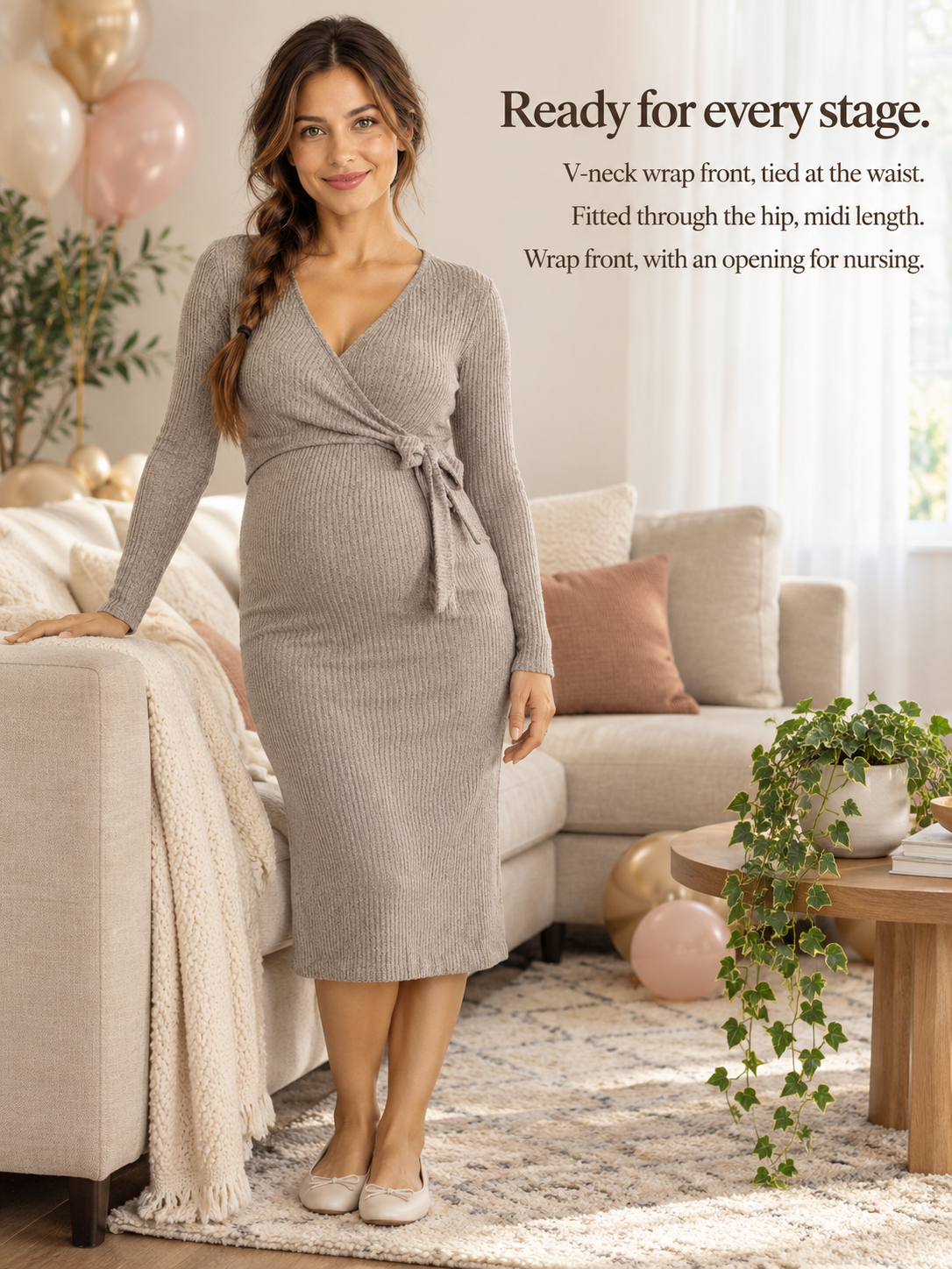 Willa Taupe maternity dress — standing full length in a cozy living room