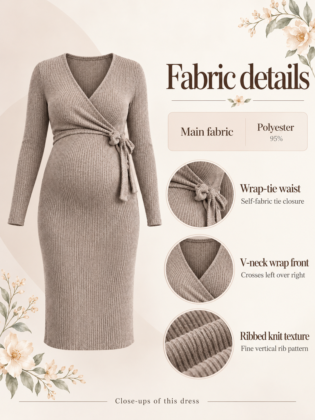 Willa Taupe maternity dress — fabric close-ups of the wrap-tie waist, V-neckline and ribbed knit