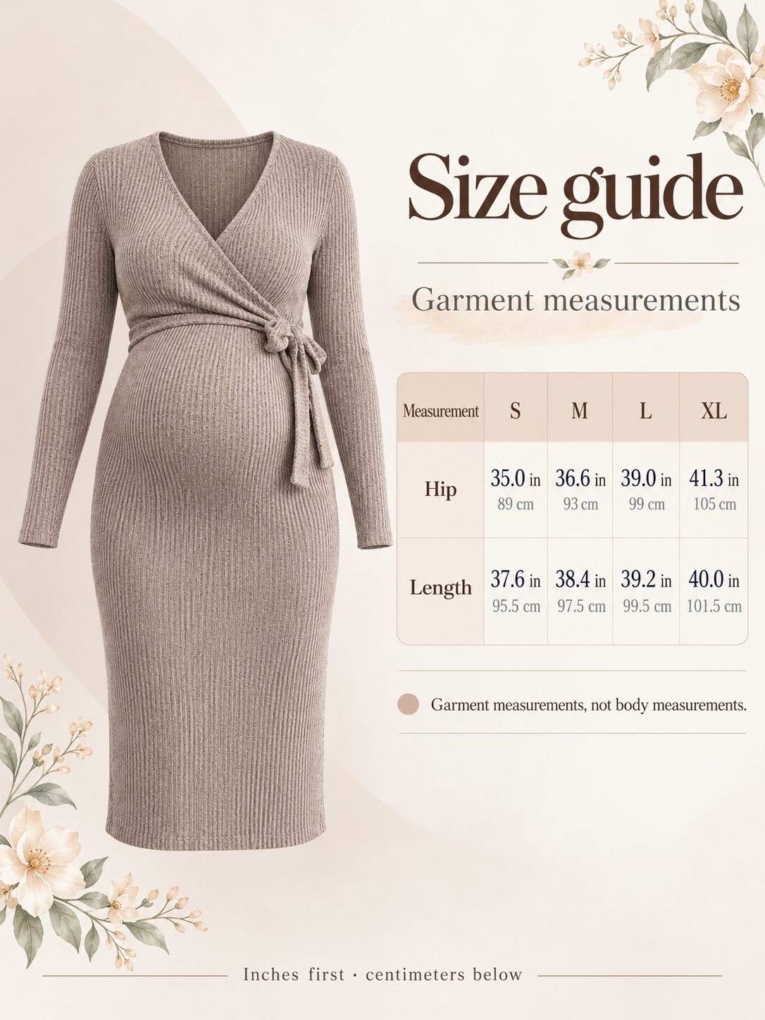 Willa Taupe maternity dress — size guide with S to XL garment measurements in inches and centimeters