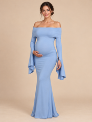 Arabella Periwinkle Blue maternity dress — front view with off-shoulder neckline and bell sleeves