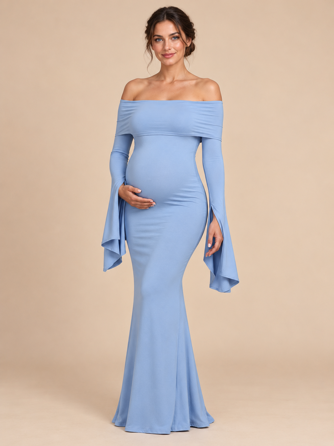 Arabella Periwinkle Blue maternity dress — front view with off-shoulder neckline and bell sleeves