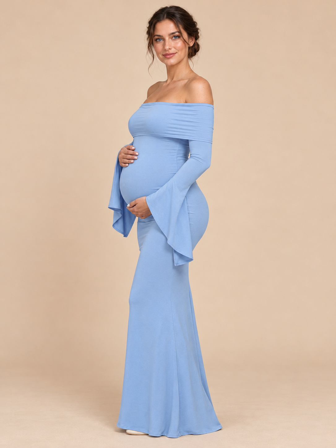 Arabella Periwinkle Blue maternity dress — front view with hand on the belly, fitted skirt