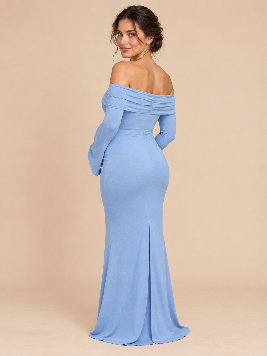 Arabella Periwinkle Blue maternity dress — back view showing the center slit